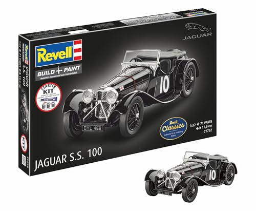 Revell Jaguar SS 100 77752 Kit de démarrage à l'échelle 1/32 en plastique avec couleurs de base, colle et pinceau