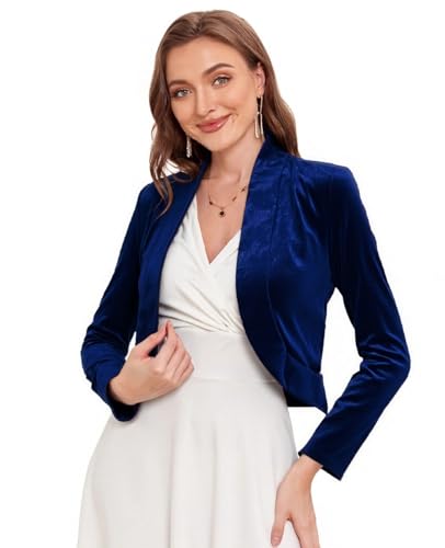 Image of Women's Long Sleeve Velvet Shrug for Dresses Cocktail Party Open Front Cropped Bolero Cardigan Top