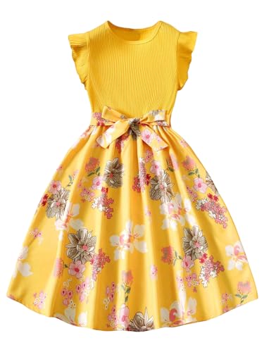 Floerns Girl's Floral Print Ruffle Trim Cap Sleeve Ribbed Belt Summer A Line Dress
