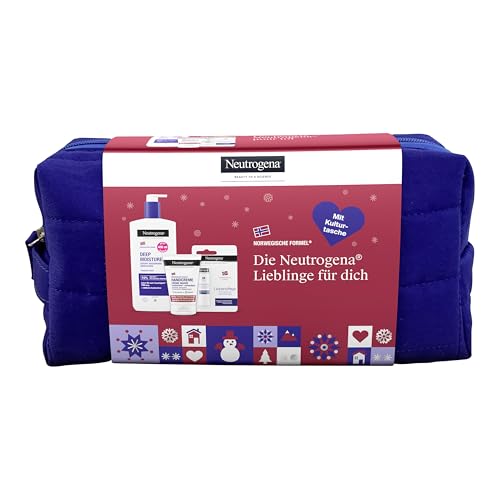 Neutrogena Hautpflege Geschenkset mit Kosmetiktasche: Handcreme Lippenpflege & Bodylotion Pflegeset mit Glycerin & Vitamin E für trockene Haut ideale Geschenkidee
