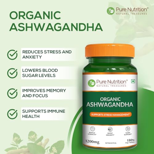 Image of Pure Nutrition Organic Ashwagandha Tablets | 180 Veg Tablets | Supports Stress Relief, Sleep, Fertility, Immune Health, Vitality & Strength | Natural Adaptogen for Men & Women | Promotes Energy & Overall Wellness | Ayurvedic Supplement