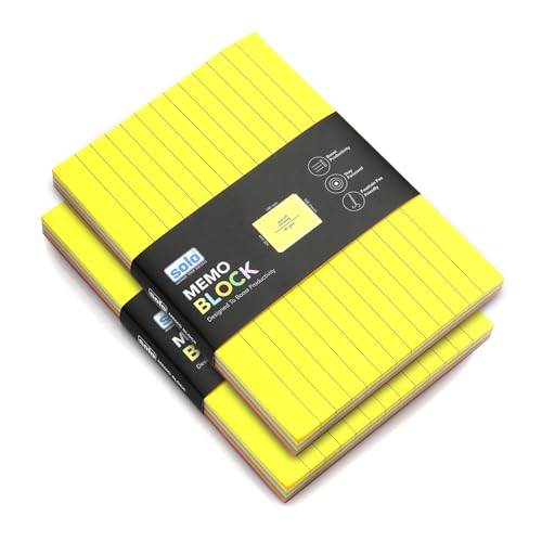 Image of SOLO Memo Ruled Blocks Pack of 2, 100 Tear-Off Sheets in 5 Different Color with 80 GSM, Fountain Pen Friendly Lined Pages for School & College Project, Assignment & Practical (Landscape, 148 x 105 mm)