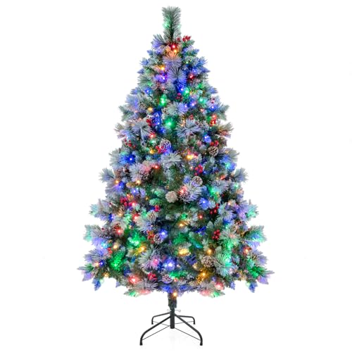 COSTWAY 6ft/7ft Pre-Lit Christmas Tree Hinged Xmas Trees with 11 Lighting Modes LED Lights Snowy PVC Tips Pine Needles Red Berries Pinecones Holiday Decorative Artificial Tree for Home Office