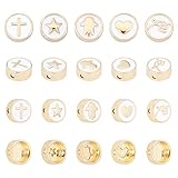5 patrones diferentes: estas cuentas redondas planas de esmalte de latón están incrustadas con diferentes patrones, incluyendo cruces, estrellas, corazones de amor, estetoscopio, mano de Hamsa. Se ve exquisito y pequeño.