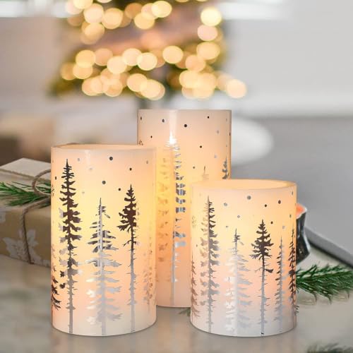Image of Christmas Flameless Candles with Remote & Timer Flickering Real Wax LED Pillar Candles, Silver Christmas Tree Snowflake Battery Operated Candles, Xmas Gift Farmhouse Home Holiday Decoration - Set of 3