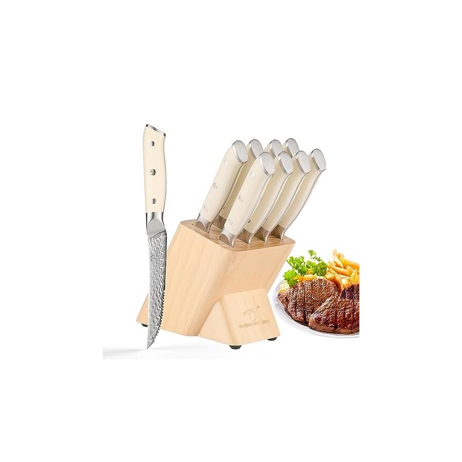 Damascus Steak Knives Set of 8 with Knife Block, 5 Inch Serrated Kitchen Dinner Steak Knife Set, Full Tang Non-slip ABS Ergonomic Triple Rivet Handle for Gift, Natural Wooden Block
