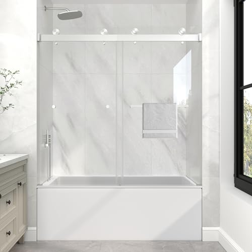 KPUY Frameless Tub Shower Door, 55-60' W x 60' H Double Sliding Bathtub Door, 1/4' (6mm) Thick Tempered Clear Glass with Explosion-Proof Film Nano Coating, Brushed Nickle