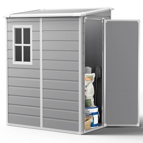 XEMQENER Lean to Garden Storage Shed with Floor, 4.5x3.6 FT Lockable Plastic Garden Shed with Window, Waterproof Outdoor Plastic Sheds for Gardening Tools & Equipment, 138x110x192cm, Grey