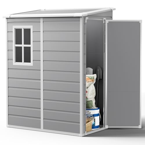 XEMQENER Lockable Plastic Storage Shed with Floor, 5x4 FT Outdoor Garden Storage Shed with Window, Waterproof Storage Shed for Garden Tools, Garden Equipment, 138x110x192cm, Grey