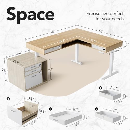 Image of HUANUO 83 inch Electric L Shaped Standing Desk with File Cabinet, Light Walnut | 63 inchx55 inch L-Shaped Corner Desk,3-Drawer File Cabinet,2 Fabric Storage Drawers,220lbs Carbon Steel,27.6 inch-46.5 inch Adjustable Height