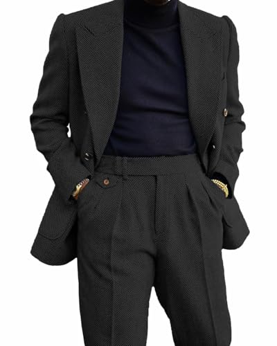 Vintage Mens Double Breasted 2 Piece Tweed Herringbone Suit Notched Lapel Tuxedo Party Wedding Blazer and Pants Set