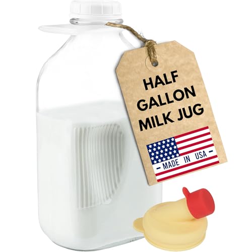 kitchentoolz Glass Milk Jug 64 oz – Half Gallon Jar with Lid and Silicone Pour Spout – Made in USA Water Jug – Milk Jugs with Lids – Reusable Bottles 64 oz