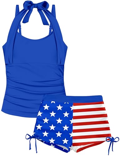 Image of Girls Swimsuit 2 Piece Halterneck Girls Tankini Swimsuit Drawstring Printed Swim Shorts Girl Bathing Suit for 7-18T