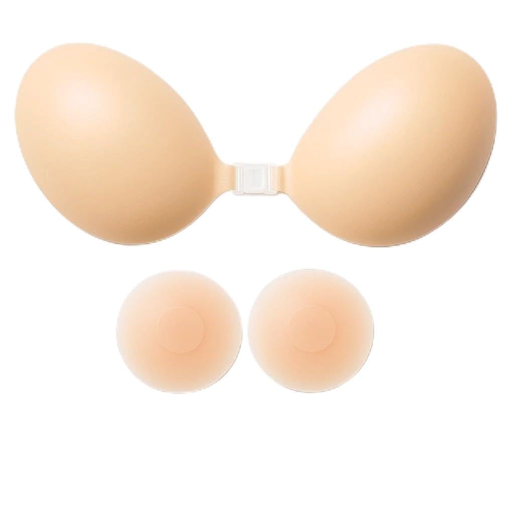 Sticky Bra, Stick on Bra for Women with 2 Nipple Covers, Women Silicone Strapless Bra, Backless Bra for Partywear,Weddings, Push up Bra Ideal for Off Shoulder