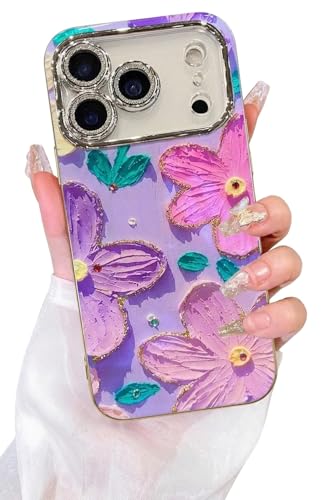 Image of Elzzi Compatible with iPhone 17 Pro Max Case Oil Painting Flower Colorful with Lens Prtotection Shockproof PC+TPU Glossy Back Cover for Girls Women, Pink & Purple