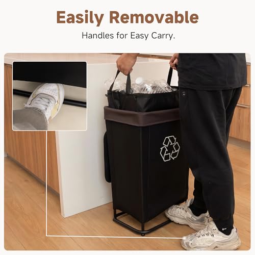 StorageWorks Recycling Bin with Lid, 29Gal Large Recycling Bin for Kitchen, Indoor Recycling Bins with 2 Reusable Washable Bags for Bottles and Cans, Steel Frame Fabric Sorter, 110L, Black