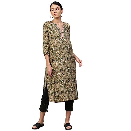 Image of Chemistry Women's Elegant Viscose Round Neck Paisley Printed Kurta | Regular Ethic Wear | Soft and Flowy Texture | Classic and Timeless Appeal with Three-Quarter Sleeves | Versatile for Casual Outings, Festive Occasions, OfficeWear |Olive Green