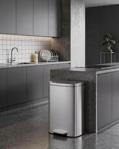 Image of Garvee 13 Gal / 50 L Step-On Trash Can, Stainless Steel Kitchen Garbage Can with Soft Close Lid, Removable Inner Bucket & Rear Handle for Easy Transport