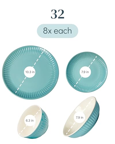 Stoneware Dinnerware Set for 8 People HYGGE 32-Piece - Elegant Scandi Design - Premium Dish Set - Bowl and Plate Set - Tableware for 8 People in a Ribbed Design - Pure Living in Green
