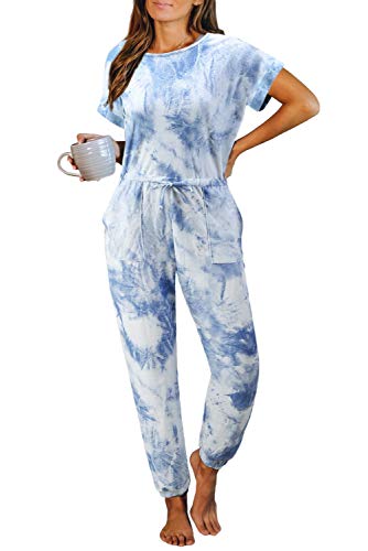 Temofon Women's Tie Dye Long Pajamas Short Sleeve Crew Neck Jumpsuit PJ Set Loungewear Nightwear with Pockets Lake Blue S