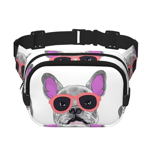 Sac banane bouledogue français aux lunettes roses, style original et format compact