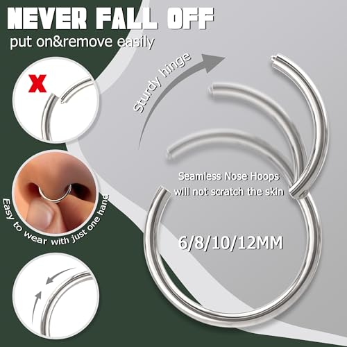 Jstyle 8Pcs 18G Stainless Steel Hinged Clicker Segment Nose Ring Hoop Piercing for Men Women Cartilage Daith Tragus Sleeper Earrings Improved Clasp 6-12MM4