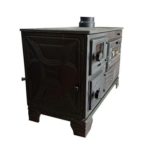 Cast Iron Wood Cook Stove with Oven | Wood Burning Stove Range Stove | Kitchen Stove Cooker Oven Section with Thermometer | Village House Oven Cabin Stove Made in Turkiye (Black with Glass)