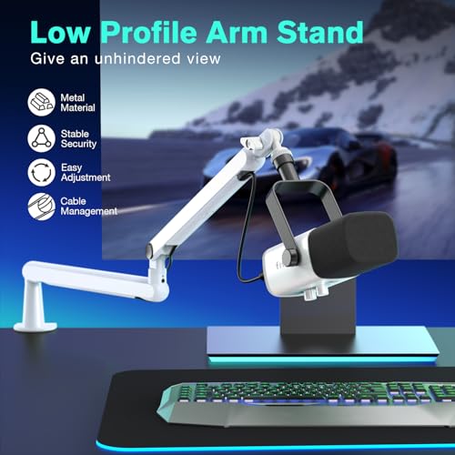 fifine boom arm mic stand low profile microphone arm stand podcast mic boom arm with desk mount cable channels management metal boom arm white for recordingstreaminggaminghome office-bm88w