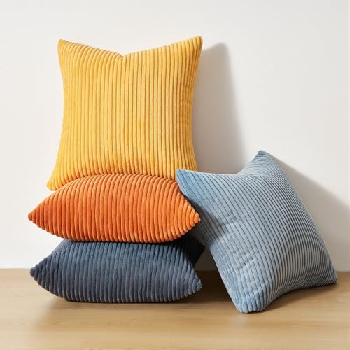 Image of Topfinel Burnt Orange and Blue Couch Pillows Pack of 4 Decorative 16x16 Inch Velvet Pillow Covers for Bed Accent Modern Corduroy Pillowcase Sofa Livingroom Home Decor