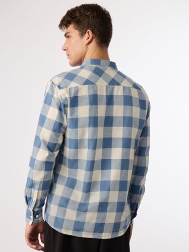 Image of The Souled Store: Blue Sails Men and Boys Long Sleeve Collared Neck Button Front Blue and Cream Checked Embroidered Regular Fit Cotton Linen Shirt