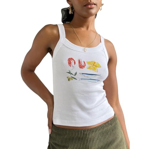Women Vintage Graphic Tank Tops Causal Sleeveless Y2K 90s Retro Cami Shirt Summer Scoop Neck Fruit Print Camisole (Yellow, M)