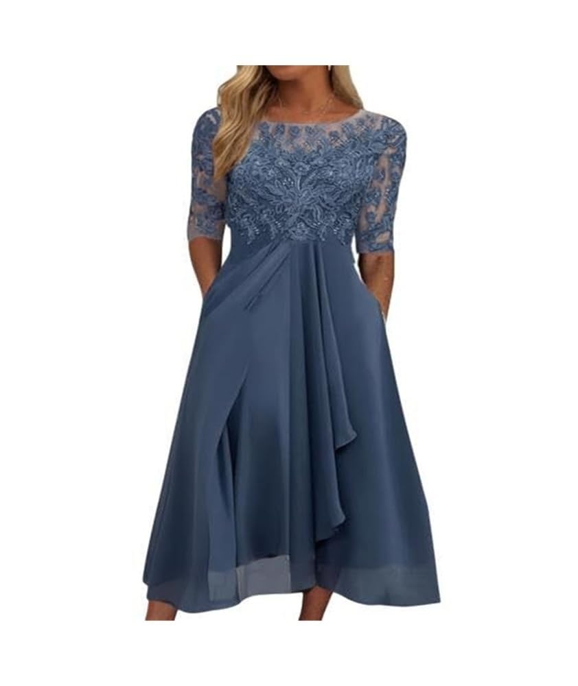 Générique Robe d’invitée de Mariage · Robes de Cocktail Femmes Bourgogne Dentelle Mousseline Mi-Longue Manches 1/2 Coupe A