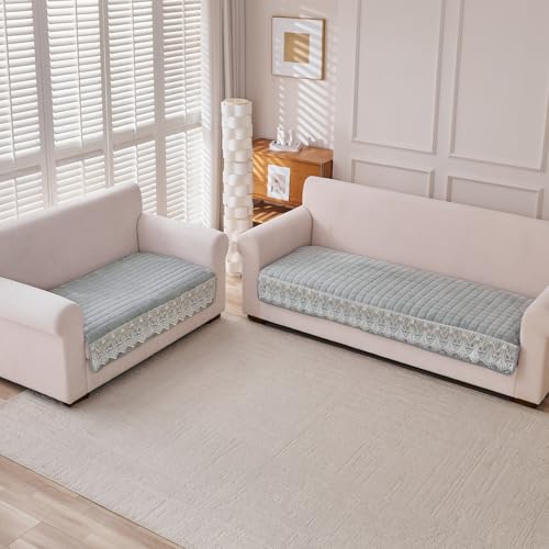 Image of HOKIPO 'BelleLace Series' Sofa Mat for 3 Seater and 2 Seater Sofa | Imperial Milk Velvet Sofa Cover with Lace Design | Cloud Grey (AR-5966+5964-LGRY)