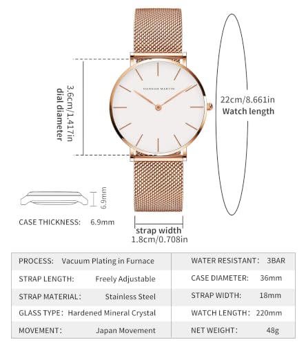 Image of HANNAH MARTIN Watches for Women Analog Women's Watch with Stainless Steel Expansion Band Minimalist Slim Dial 30M Waterproof Ladies Dress Wristwatch for Casual Daily Business
