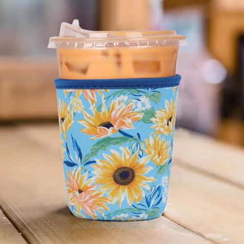 Image of Reusable 3-Pack Iced Coffee Cup Sleeve, Insulated Neoprene, Beverage Holder for Iced Coffee, Durable Drink Sleeve for Cold Beverages, Sunflower Smile