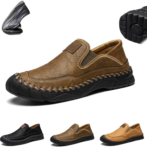 Men's Handmade Genuine Leather Orthopedic Outdoor Loafers, Casual Breathable Slip on Wide Sizes Business Moccasins Comfort Non-Slip Driving Walking Travel Shoes