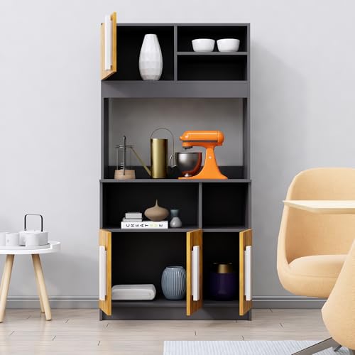 Image of Bniture Multipurpose Kitchen Cabinet | Engineered Wood Crockery Cabinet Modern with 4 Doors & Shelves | Crockery Unit for Dining Area | Kitchen Crockery Cabinet for Home | Slate Grey & Giant Wood
