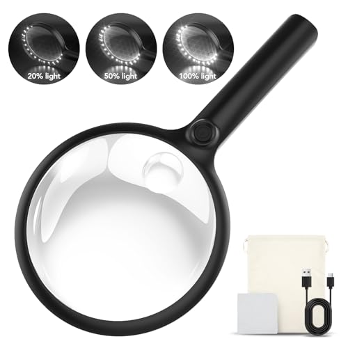 2000mAh Rechargeable Magnifying Glass with Light, 5X/10X Large Handheld Lighted Magnifier, 24 LEDs, 3 Light Modes, Reading Aid for Seniors & Low Vision (Black)