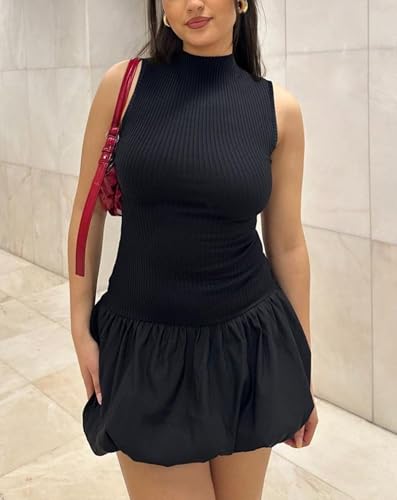Ekaliy Bubble Dress for Women Sexy Sleeveless Mock Neck Knit Open Back Mini Dress Bodycon Y2k Party Club Short Dress2