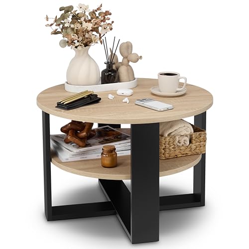 defiPad Table Basse Ronde Ø70 cm – Table d’appoint Bout de canapé avec étagère, 2 Niveaux, Meuble de Salon Moderne, Blanc et chêne, Design Industriel,...