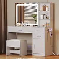 YITAHOM Dressing Table, Glass Top Vanity Table Makeup Desk with 3 Drawers and Storage Cabinets, White Bedroom Dressing Tables with Mirror and Stool, Make up Desk with Charging Station