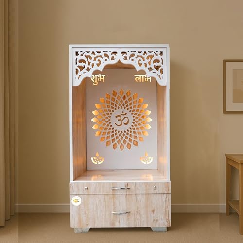 Image of Engineered Wood Mandir for Home with Legs | Assembled Corian Design Pooja Mandir | Dev Ghar with Storage and Light | Temple for Home & Office (White, LxWxH-17x24x45 Inch)