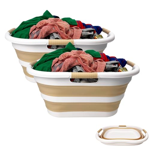 Image of SAMMART 40L (10.5 gallon) Set of 2 Collapsible Plastic Laundry Hamper - Foldable Pop Up Storage Container /Organizer - Portable Washing Tub - Space Saving Basket (2, White /Beige)