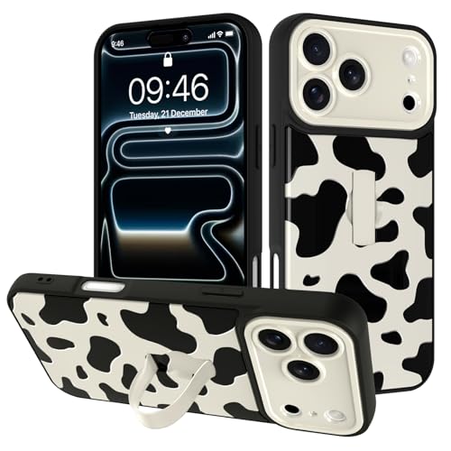 Image of for iPhone 17 Pro Case with Finger Strap Holder, Cute Cool Cow Print Pattern Design for Women Men, Shockproof Anti Scratch Hand Kickstand Protective Cover, White
