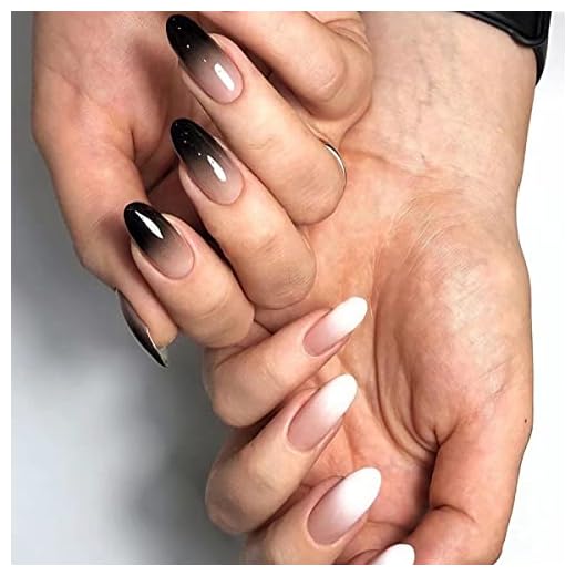MERVF Medium Press on Nails Almond Black and White Ombre Fake Nails Stiletto Acrylic Nails Glossy 24psc False Nails for Women and Girls