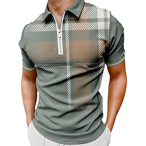 Polo para hombre de manga corta con cremallera, camiseta de golf, camiseta de ocio, polo de verano, camiseta polo para hombre, cálido, invierno, hombre, bajo manga corta, cuello en V, C-verde., XL