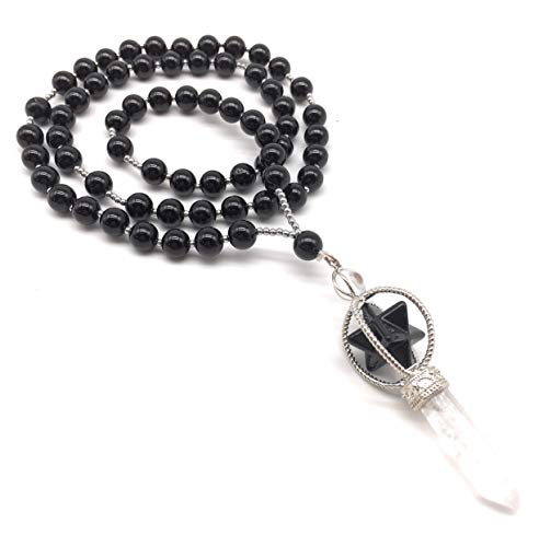 Merkaba Star Pendulum Stone Pendant Necklace Dowsing Divination Reiki Healing Meditation Crystal (Black Agate)