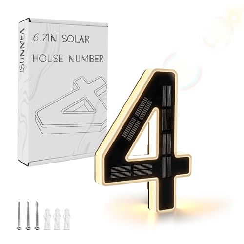 ISUNMEA 6.7 Inch Solar Lighted House Numbers for Outside, Light Up Waterproof LED Address Signs for Houses, Backlit Illuminated Exterior Modern House Numbers Light (4-Black, 6.7IN)