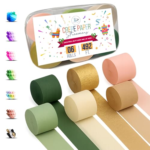 Image of 6 Sage Green Streamers, 492ft Pack of Crepe Paper Party Decorations | Each roll is 82 ft long and 1.8 Inch wide ideal for Birthday Party Decor, Wedding Decorations and Anniversary Celebration