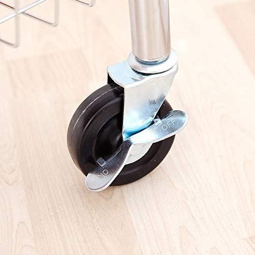 A close-up of a black rubber caster wheel attached to a metal leg, with the brake lever pressed down to lock the wheel.